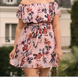 2/$25 Plus Floral Ruffle Trim Belted Dress
